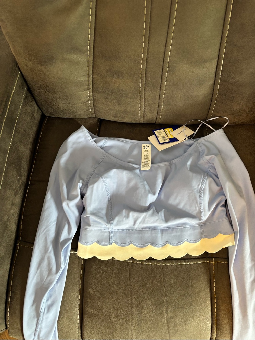JoyLab Light Blue Long-Sleeve Scallop-Hem Crop Top with Cream Trim